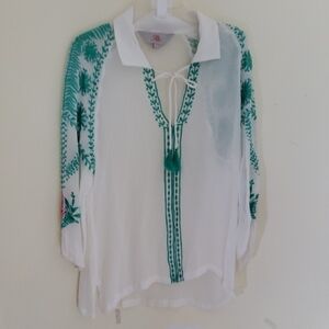 Roja White and Green Embroidered Women's Top Size S